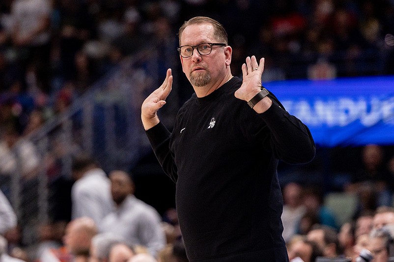 Feb 21, 2026; New Orleans, Louisiana, USA;  Philadelphia 76ers head coach Nick Nurse reacts to a play against the New Orleans Pelicans during the first half at Smoothie King Center. Mandatory Credit: Stephen Lew-Imagn Images