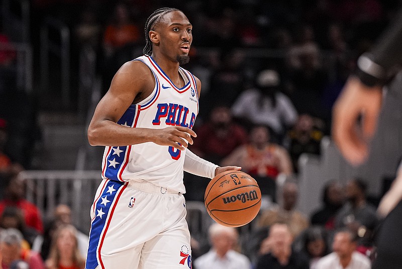 Mar 7, 2026; Atlanta, Georgia, USA; Philadelphia 76ers guard Tyrese Maxey (0) brings the ball up the court against the Atlanta Hawks during the first half at State Farm Arena. Mandatory Credit: Dale Zanine-Imagn Images