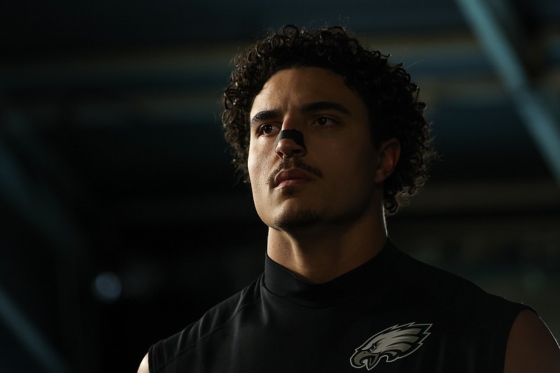 Nov 28, 2025; Philadelphia, Pennsylvania, USA; Philadelphia Eagles linebacker Jaelan Phillips (50) walks through the tunnel prior to the game against the Chicago Bears at Lincoln Financial Field. Mandatory Credit: Bill Streicher-Imagn Images