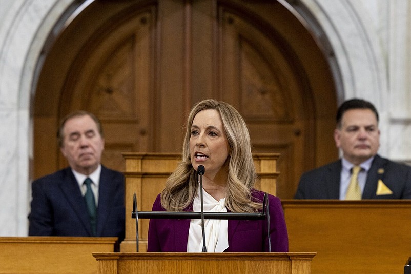 Gov. Mikie Sherrill gives the 2027 budget address in Trenton, Tuesday, March 10, 2026. (Anne-Marie Caruso/New Jersey Monitor)