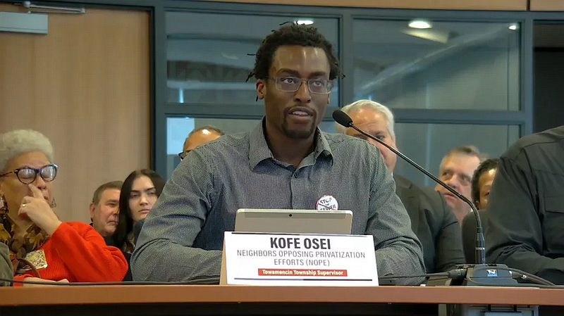 Towamencin Supervisor Kofi Osei testifies at a state Senate hearing on Act 12 of 2006, the state law allowing sales of public sewer systems by municipalities such as Towamencin, on Monday Jan. 22 2024. (Screenshot of hearing video)