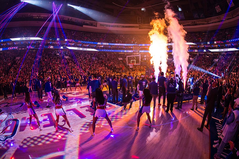 May 5, 2019; Philadelphia, PA, USA; General view as Philadelphia 76ers center Joel Embiid (21) is introduced before game four of the second round of the 2019 NBA Playoffs against the Toronto Raptors at Wells Fargo Center. Mandatory Credit: Bill Streicher-USA TODAY Sports