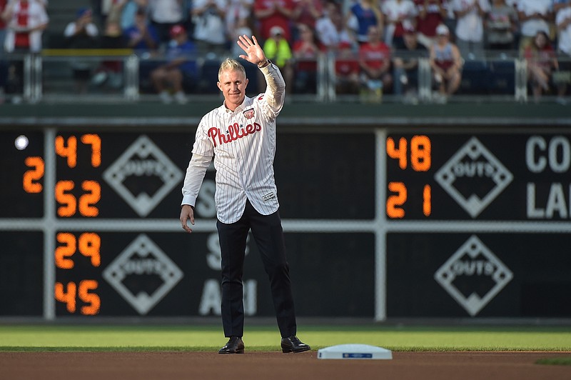 Jun 21, 2019; Philadelphia, PA, USA;  Former Philadelphia Phillies second baseman Chase Utley waves to the crowd after his retirement ceremony before the game between the Philadelphia Phillies and the Miami Marlins at Citizens Bank Park. Mandatory Credit: John Geliebter-USA TODAY Sports