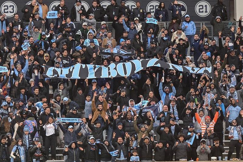 Mar 7, 2026; New York, New York, USA; New York City fans react after a win against Orlando City at Yankee Stadium. Mandatory Credit: John Jones-Imagn Images