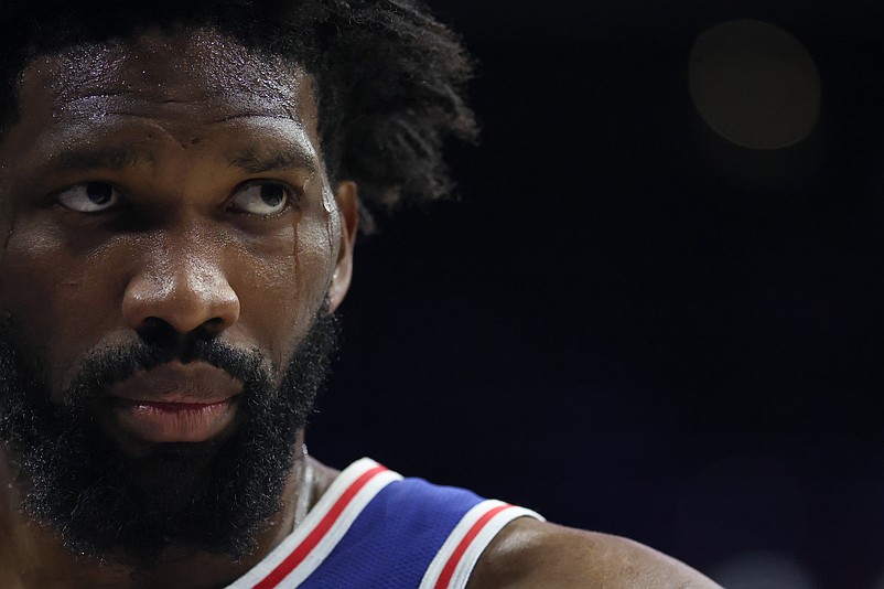 Jan 27, 2026; Philadelphia, Pennsylvania, USA; Philadelphia 76ers center Joel Embiid (21) looks on during the third quarter against the Milwaukee Bucks at Xfinity Mobile Arena. Mandatory Credit: Bill Streicher-Imagn Images
