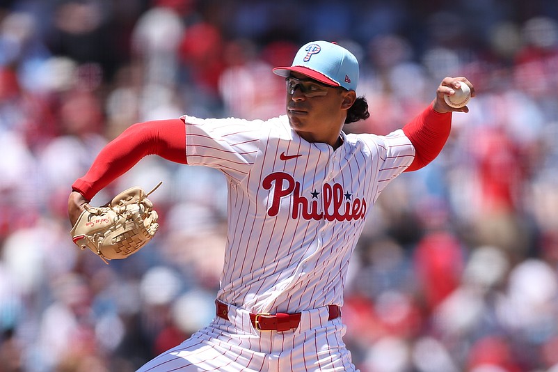 Jul 4, 2025; Philadelphia, Pennsylvania, USA; Philadelphia Phillies pitcher Jesœs Luzardo (44) throws a pitch during the first inning against the Cincinnati Reds at Citizens Bank Park. Mandatory Credit: Bill Streicher-Imagn Images