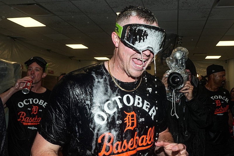 Detroit Tigers pitcher Tarik Skubal (29) celebrates with teammates after 6-3 win over Cleveland Guardians in Game 3 of AL wild-card series at Progressive Field in Cleveland on Thursday, Oct. 2, 2025.