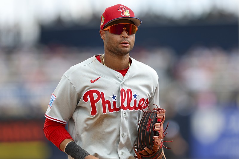 Mar 14, 2026; Tampa, Florida, USA; Philadelphia Phillies center fielder Justin Crawford (80) looks on against the New York Yankees in the fifth inning during spring training at George M. Steinbrenner Field. Mandatory Credit: Nathan Ray Seebeck-Imagn Images