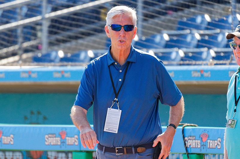 Mar 5, 2026; Clearwater, Florida, USA; Philadelphia Phillies President of Baseball Operations Dave Dombrowski walks across the field during Spring Training at BayCare Ballpark. (Grace Del Pizzo/On Pattison)