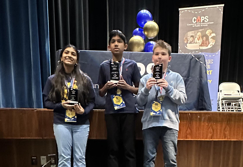 First-place finisher Siddhesh Ganesh, center, advances to the 2026 Scripps National Spelling Bee in Washington, D.C. (Courtesy of the Council for the Advancement of Public Education)