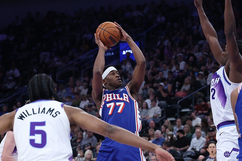 Mar 21, 2026; Salt Lake City, Utah, USA; Philadelphia 76ers guard VJ Edgecombe (77) goes up for a shot against the Utah Jazz during the first half at Delta Center. Mandatory Credit: Rob Gray-Imagn Images