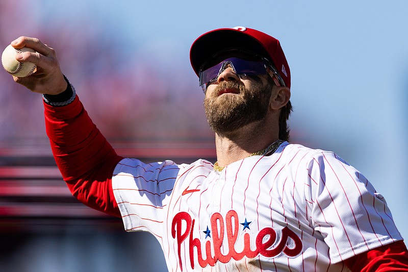 Mar 29, 2024; Philadelphia, Pennsylvania, USA; Philadelphia Phillies first baseman Bryce Harper (3) in a game against the Atlanta Braves on opening day at Citizens Bank Park. Mandatory Credit: Bill Streicher-USA TODAY Sports