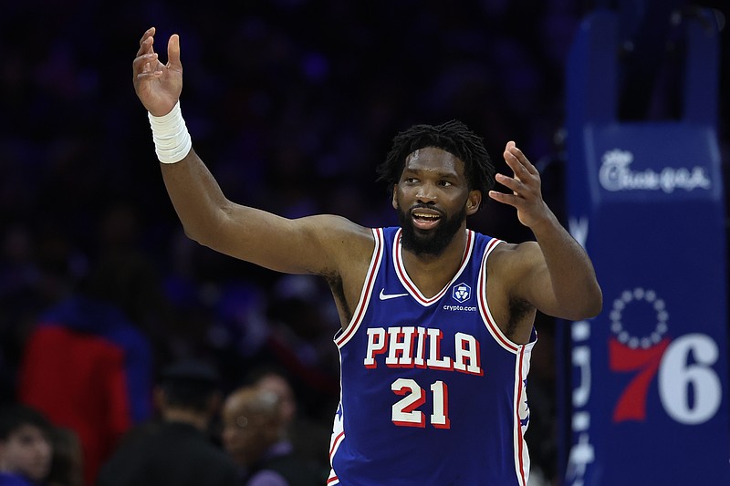 Mar 25, 2026; Philadelphia, Pennsylvania, USA; Philadelphia 76ers center Joel Embiid (21) reacts after a score against the Chicago Bulls during the third quarter at Xfinity Mobile Arena. Mandatory Credit: Bill Streicher-Imagn Images