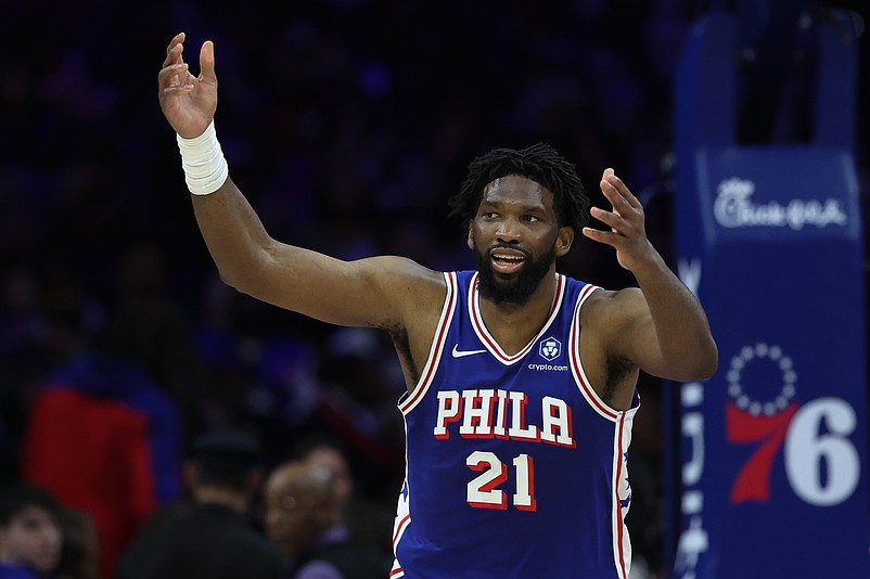 Mar 25, 2026; Philadelphia, Pennsylvania, USA; Philadelphia 76ers center Joel Embiid (21) reacts after a score against the Chicago Bulls during the third quarter at Xfinity Mobile Arena. Mandatory Credit: Bill Streicher-Imagn Images