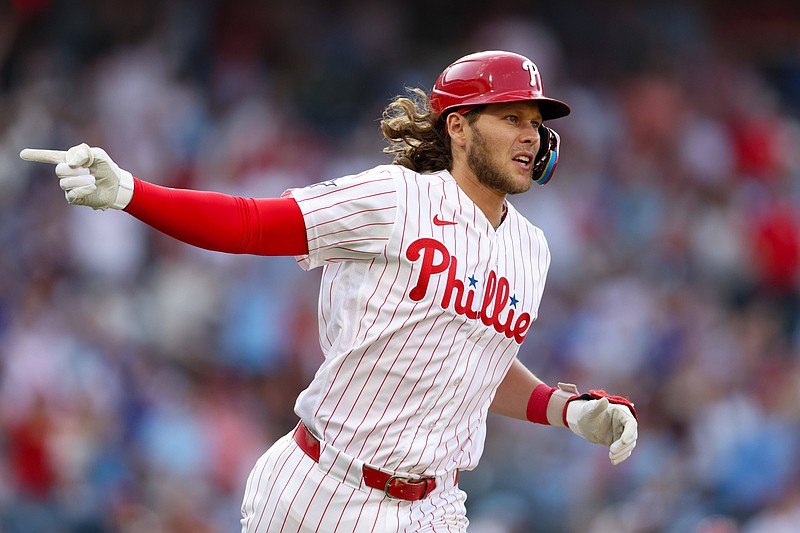Mar 26, 2026; Philadelphia, Pennsylvania, USA; Philadelphia Phillies third baseman Alec Bohm (28) reacts after hitting a three RBI home run against the Texas Rangers during the fifth inning at Citizens Bank Park. Mandatory Credit: Bill Streicher-Imagn Images