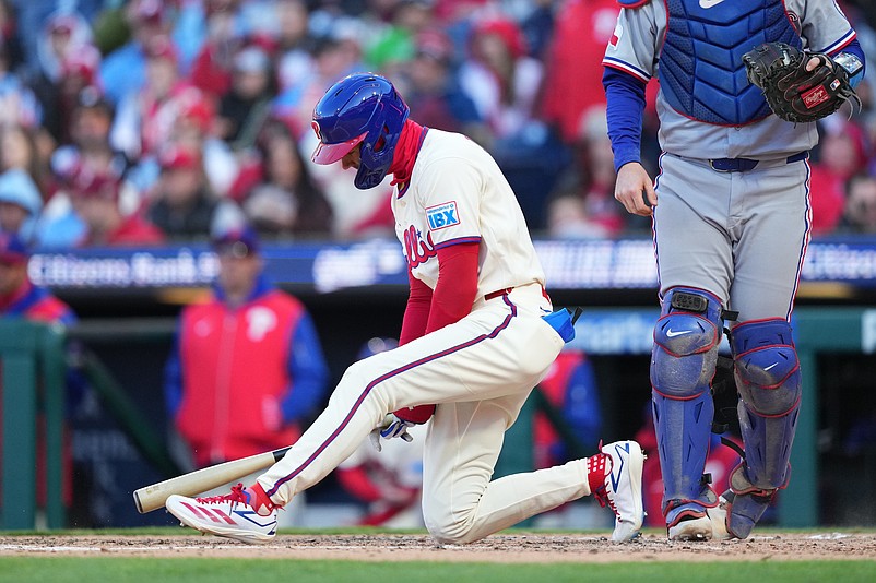 Mar 28, 2026; Philadelphia, Pennsylvania, USA; Philadelphia Phillies infielder Trea Turner (7) reacts after striking out against the Texas Rangers in the fifth inning at Citizens Bank Park. Mandatory Credit: Kyle Ross-Imagn Images