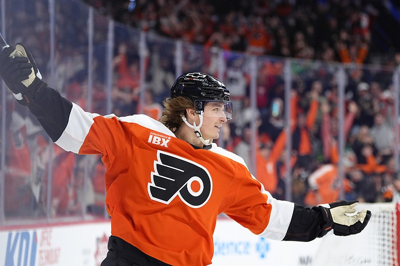 Mar 29, 2026; Philadelphia, Pennsylvania, USA; Philadelphia Flyers center Trevor Zegras (46) reacts after scoring a goal against the Dallas Stars in overtime at Xfinity Mobile Arena. Mandatory Credit: Kyle Ross-Imagn Images