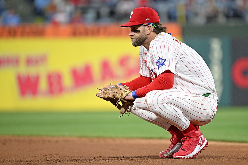Mar 30, 2026; Philadelphia, Pennsylvania, USA; Philadelphia Phillies first baseman Bryce Harper (3) takes break during a pitching change in the ninth inning at Citizens Bank Park. Mandatory Credit: Eric Hartline-Imagn Images