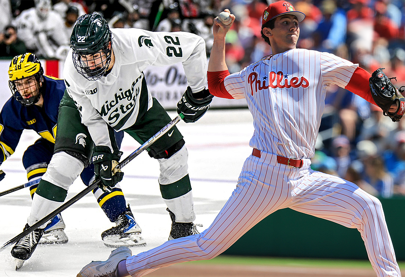 Michigan State's Porter Martone (left) moves the puck against Michigan during the third period on Friday, Dec. 5, 2025, at Munn Ice Arena in East Lansing
Nick King/Lansing State Journal-USA TODAY NETWORK via Imagn Images; Philadelphia Phillies pitcher Andrew Painter (right) throws a pitch during the first inning against the Toronto Blue Jays at BayCare Ballpark. Kim Klement Neitzel-Imagn Images