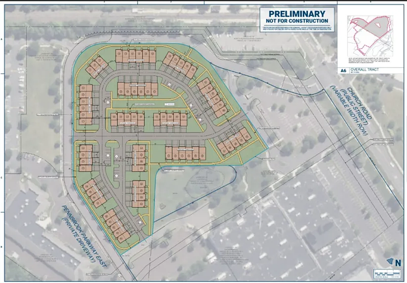 Concept plan by developer W.B. Homes showing a complex of 74 townhouses proposed at 1180 Church Road, as proposed to Lansdale code committee on Feb. 4, 2026. (Credit: W.B. Homes)