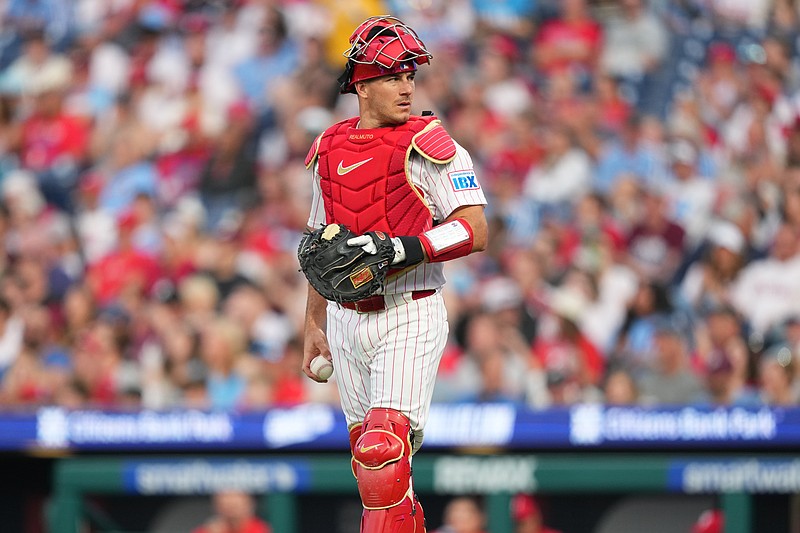Mar 31, 2026; Philadelphia, Pennsylvania, USA; Philadelphia Phillies catcher JT Realmuto (10) looks on against the Washington Nationals in the second inning at Citizens Bank Park. Mandatory Credit: Kyle Ross-Imagn Images