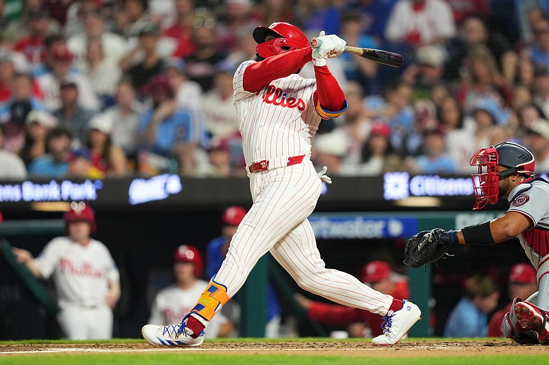 Mar 31, 2026; Philadelphia, Pennsylvania, USA; Philadelphia Phillies outfielder Adolis Garcia (53) hits a home run against the Washington Nationals in the fourth inning at Citizens Bank Park. Mandatory Credit: Kyle Ross-Imagn Images