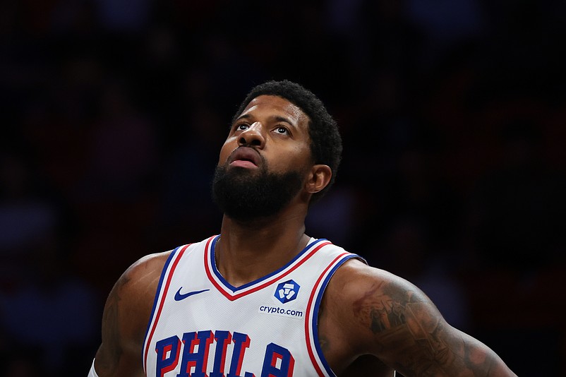 Mar 30, 2026; Miami, Florida, USA; Philadelphia 76ers forward Paul George (8) looks on against the Miami Heat during the first quarter at Kaseya Center. Mandatory Credit: Sam Navarro-Imagn Images