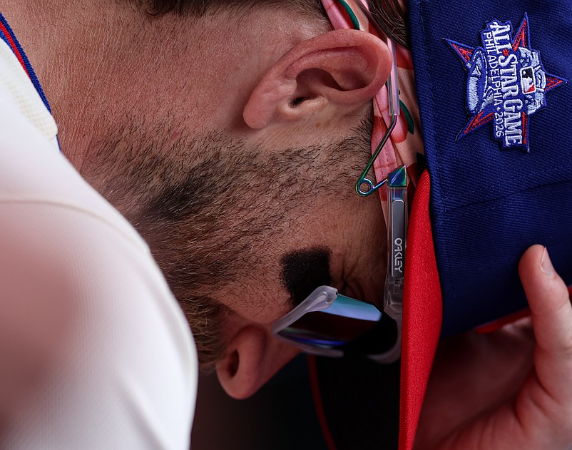 Apr 1, 2026; Philadelphia, Pennsylvania, USA; Philadelphia Phillies first baseman Bryce Harper (3) in the dugout during a game against the Washington Nationals at Citizens Bank Park. Mandatory Credit: Bill Streicher-Imagn Images