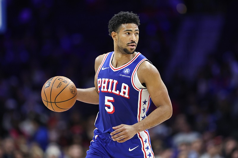 Mar 25, 2026; Philadelphia, Pennsylvania, USA; Philadelphia 76ers guard Quentin Grimes (5) dribbles the ball against the Chicago Bulls during the second quarter at Xfinity Mobile Arena. Mandatory Credit: Bill Streicher-Imagn Images