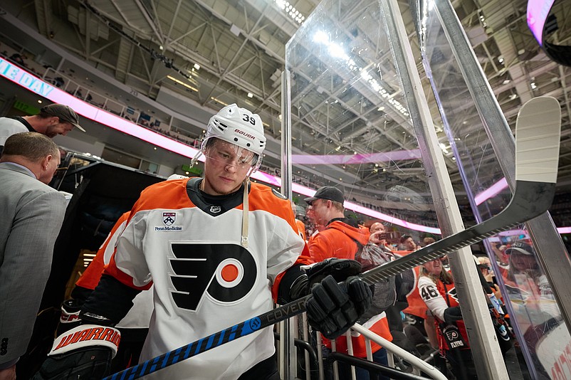 Mar 21, 2026; San Jose, California, USA; Philadelphia Flyers right wing Matvei Michkov (39) walks to the ice for warmups before the game against the San Jose Sharks at SAP Center at San Jose. Mandatory Credit: Robert Edwards-Imagn Images