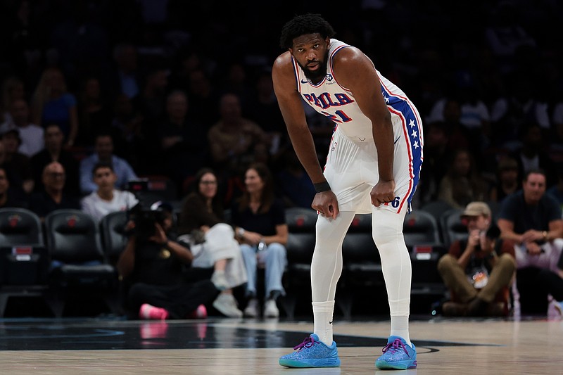 Mar 30, 2026; Miami, Florida, USA; Philadelphia 76ers center Joel Embiid (21) looks on against the Miami Heat during the first quarter at Kaseya Center. Mandatory Credit: Sam Navarro-Imagn Images