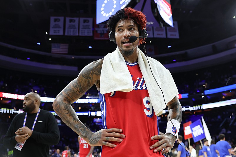 Apr 3, 2026; Philadelphia, Pennsylvania, USA; XPhiladelphia 76ers guard Kelly Oubre Jr. (9) speaks during an interview after a win against the Minnesota Timberwolves at Xfinity Mobile Arena. Mandatory Credit: Bill Streicher-Imagn Images