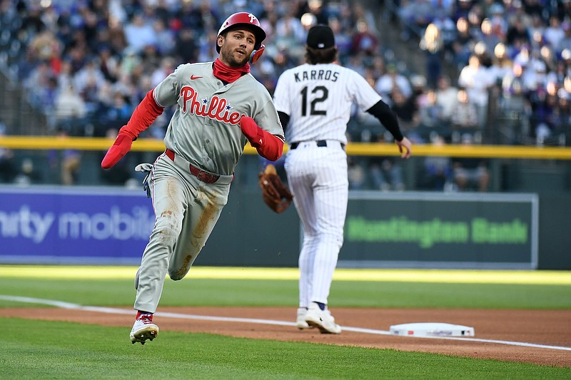 Apr 4, 2026; Denver, Colorado, USA; Philadelphia Phillies infielder Trea Turner (7) rounds third to score during the first inning against the Colorado Rockies at Coors Field. Mandatory Credit: Christopher Hanewinckel-Imagn Images