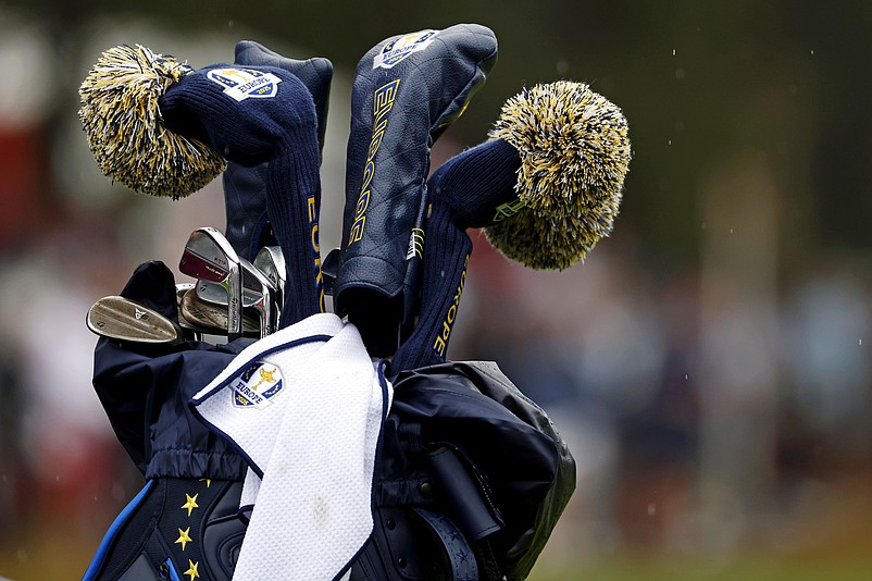 Sep 25, 2025; Bethpage, New York, USA; A view of a European team bag on the ninth green during a practice round of the Ryder Cup golf tournament at Bethpage Black. Mandatory Credit: Peter Casey-Imagn Images