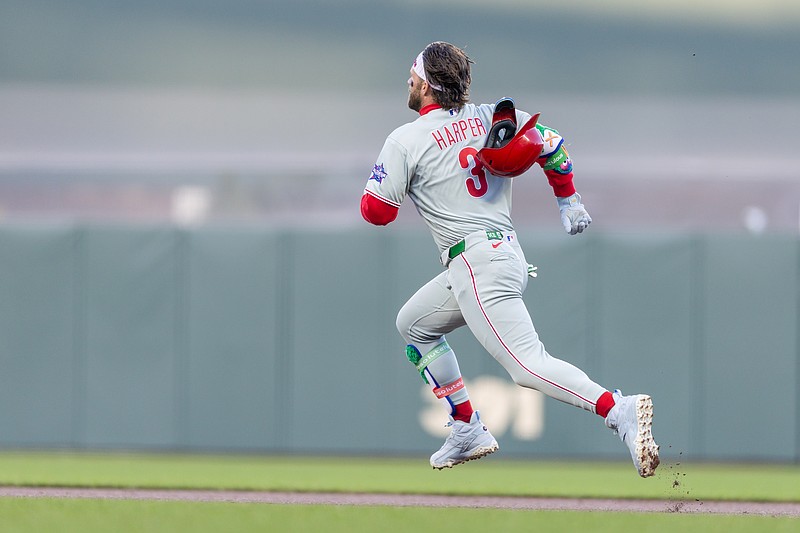 Apr 6, 2026; San Francisco, California, USA; Philadelphia Phillies first baseman Bryce Harper (3) heads for second base during the first inning against the San Francisco Giants at Oracle Park. Mandatory Credit: Bob Kupbens-Imagn Images