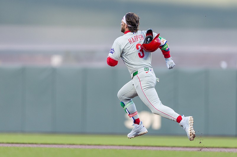Apr 6, 2026; San Francisco, California, USA; Philadelphia Phillies first baseman Bryce Harper (3) heads for second base during the first inning against the San Francisco Giants at Oracle Park. Mandatory Credit: Bob Kupbens-Imagn Images