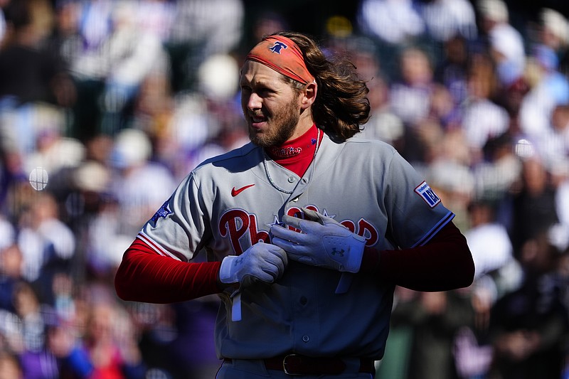 Apr 3, 2026; Denver, Colorado, USA; Philadelphia Phillies third baseman Alec Bohm (28) during the game against the Colorado Rockies against the Colorado Rockies at Coors Field. Mandatory Credit: Ron Chenoy-Imagn Images