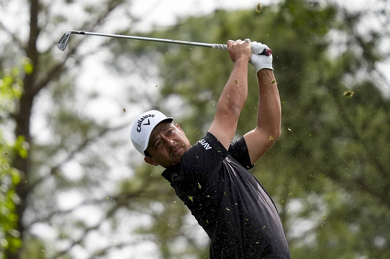 Apr 7, 2026; Augusta, Georgia, USA; Xander Schauffele tees off on no. 4 during a practice round for the Masters Tournament at Augusta National Golf Club. Mandatory Credit: Katie Goodale-Imagn Images