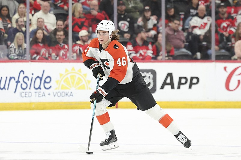 Apr 7, 2026; Newark, New Jersey, USA; Philadelphia Flyers center Trevor Zegras (46) skates with the puck against the New Jersey Devils during the third period at Prudential Center. Mandatory Credit: Luther Schlaifer-Imagn Images