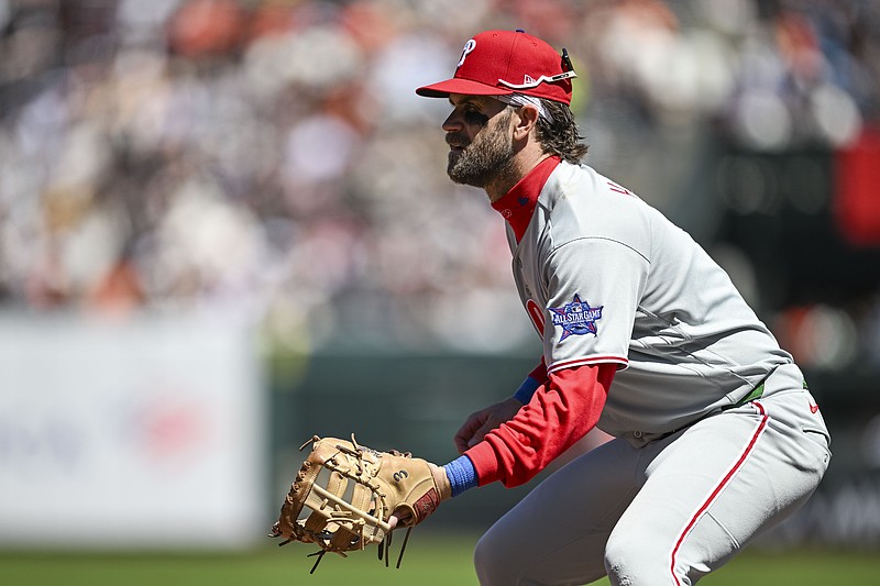 Apr 8, 2026; San Francisco, California, USA; Philadelphia Phillies first baseman Bryce Harper (3) plays first base in  the bottom of the fourth inning against the San Francisco Giants at Oracle Park. Mandatory Credit: Justine Willard-Imagn Images