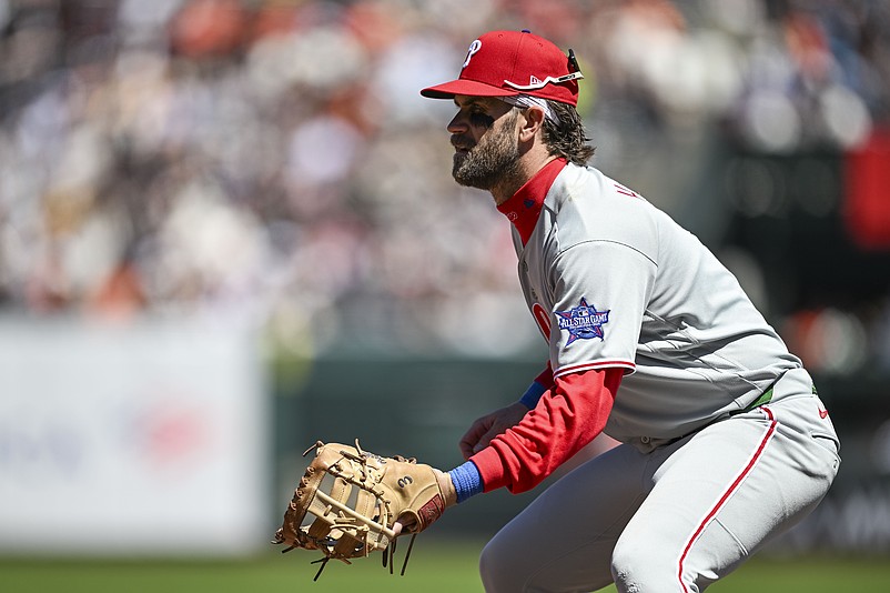 Apr 8, 2026; San Francisco, California, USA; Philadelphia Phillies first baseman Bryce Harper (3) plays first base in  the bottom of the fourth inning against the San Francisco Giants at Oracle Park. Mandatory Credit: Justine Willard-Imagn Images