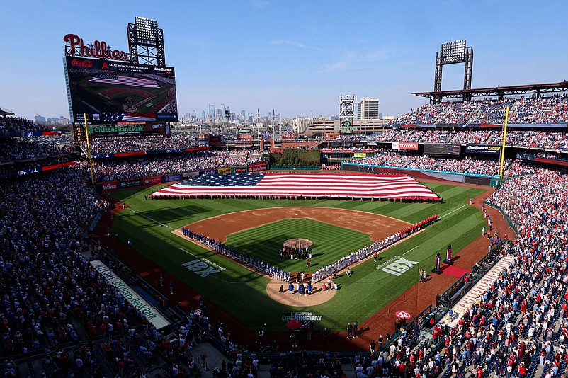 Mar 26, 2026; Philadelphia, Pennsylvania, USA; General view as fans and the Philadelphia Phillies and Texas Rangers stand for the anthem before an opening day game at Citizens Bank Park. Mandatory Credit: Bill Streicher-Imagn Images