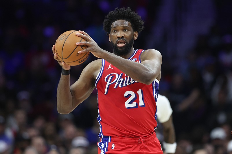 Apr 3, 2026; Philadelphia, Pennsylvania, USA; Philadelphia 76ers center Joel Embiid (21) controls the ball against the Minnesota Timberwolves during the second quarter at Xfinity Mobile Arena. Mandatory Credit: Bill Streicher-Imagn Images