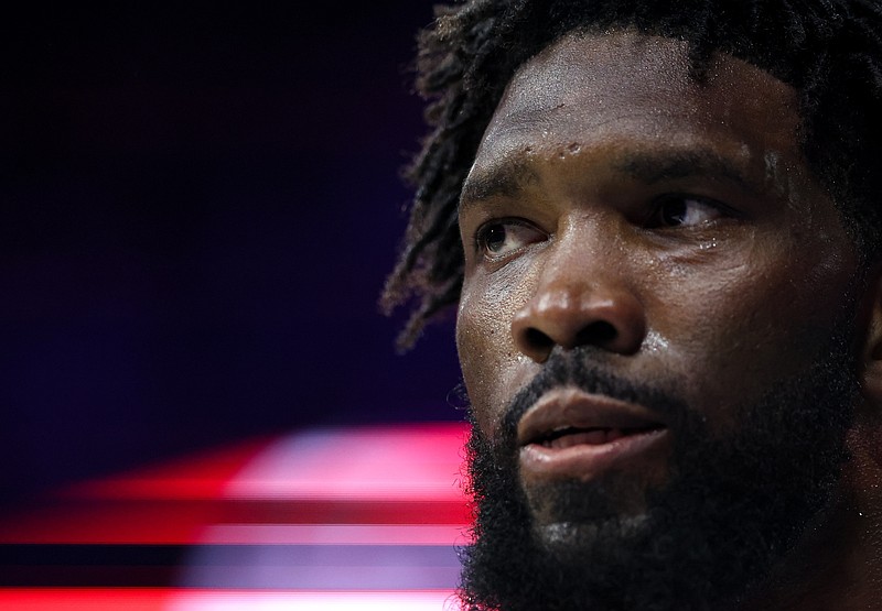 Mar 25, 2026; Philadelphia, Pennsylvania, USA; Philadelphia 76ers center Joel Embiid (21) looks on during the third quarter against the Chicago Bulls at Xfinity Mobile Arena. Mandatory Credit: Bill Streicher-Imagn Images