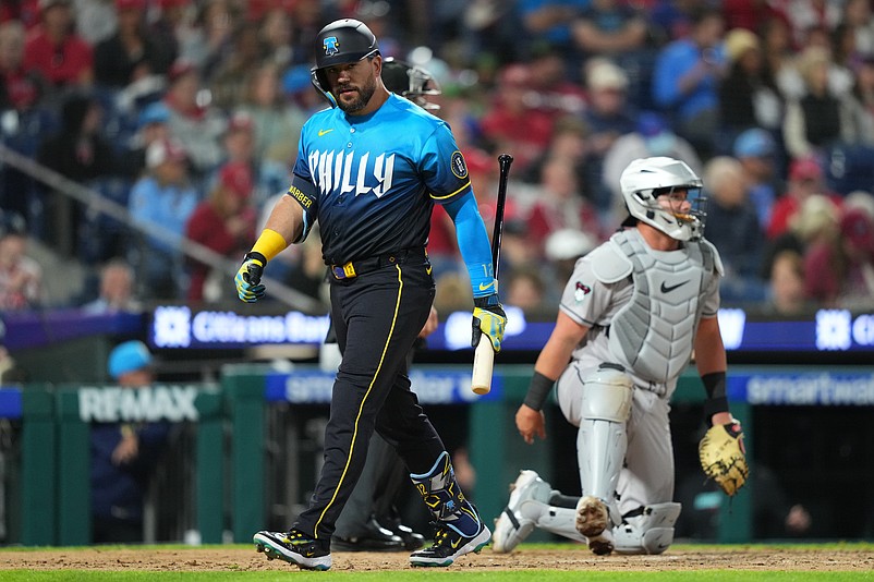 Apr 10, 2026; Philadelphia, Pennsylvania, USA; Philadelphia Phillies designated hitter Kyle Schwarber (12) reacts after striking out against the Arizona Diamondbacks in the fifth inning at Citizens Bank Park. Mandatory Credit: Kyle Ross-Imagn Images