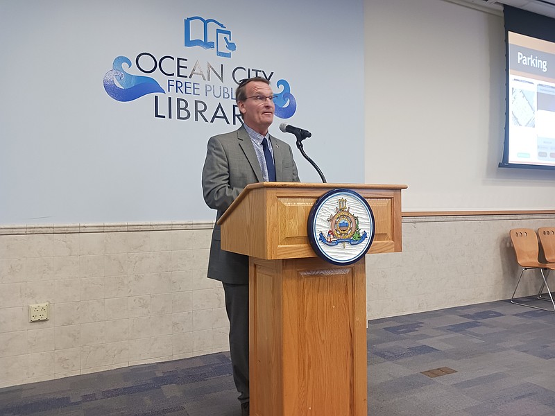 Mayor Jay Gillian addresses the audience during the town hall meeting at the Ocean City Free Public Library.