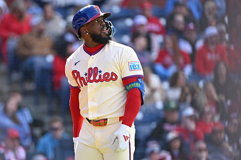 Mar 29, 2026; Philadelphia, Pennsylvania, USA; Philadelphia Phillies right fielder Adolis Garc’a (53) reacts after striking out against the Texas Rangers during the eighth inning at Citizens Bank Park. Mandatory Credit: Eric Hartline-Imagn Images