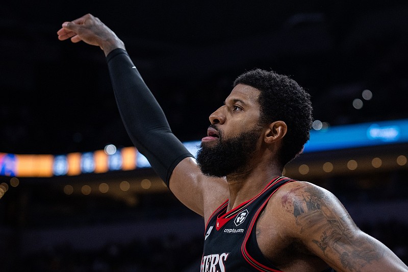Apr 10, 2026; Indianapolis, Indiana, USA; Philadelphia 76ers forward Paul George (8) shoots the ball  in the second half against the Indiana Pacers at Gainbridge Fieldhouse. Mandatory Credit: Trevor Ruszkowski-Imagn Images
