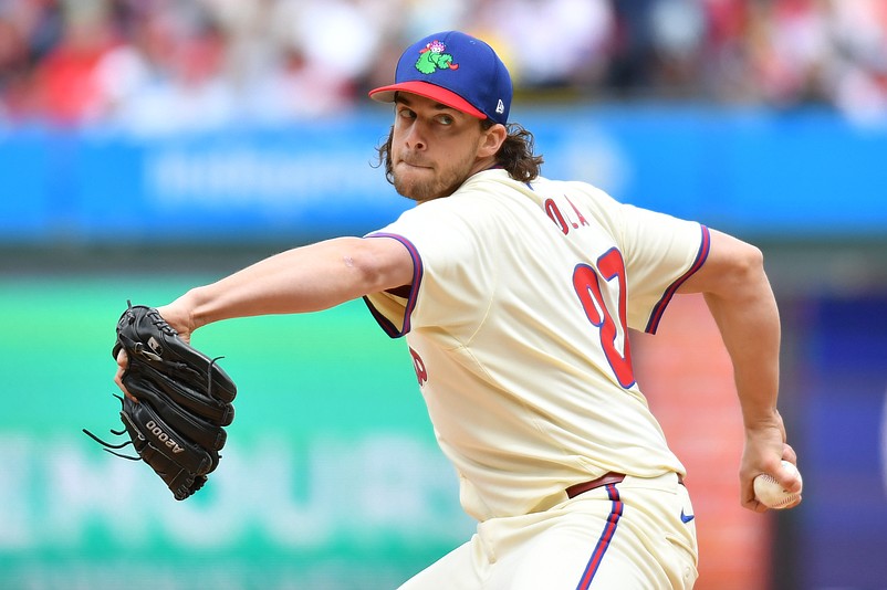 Apr 21, 2024; Philadelphia, Pennsylvania, USA; Philadelphia Phillies pitcher Aaron Nola (27) throws a pitch against the Chicago White Sox during the second inning at Citizens Bank Park. Mandatory Credit: Eric Hartline-USA TODAY Sports