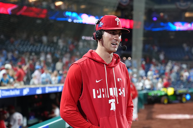 Mar 31, 2026; Philadelphia, Pennsylvania, USA; Philadelphia Phillies starting pitcher Andrew Painter (24) responds to interview questions after the game against the Washington Nationals at Citizens Bank Park. Mandatory Credit: Kyle Ross-Imagn Images